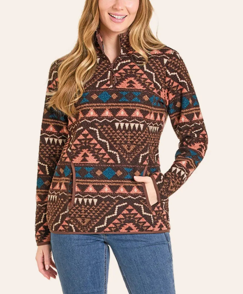 PANHANDLE WOMEN AZTEC BERBER CHOCOLATE PULLOVER DW91C06864