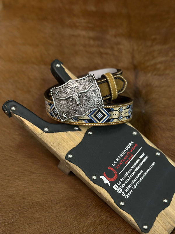 3D BELTS BOYS BROWN WITH BLUE AZTEC STITCHING- D120003002