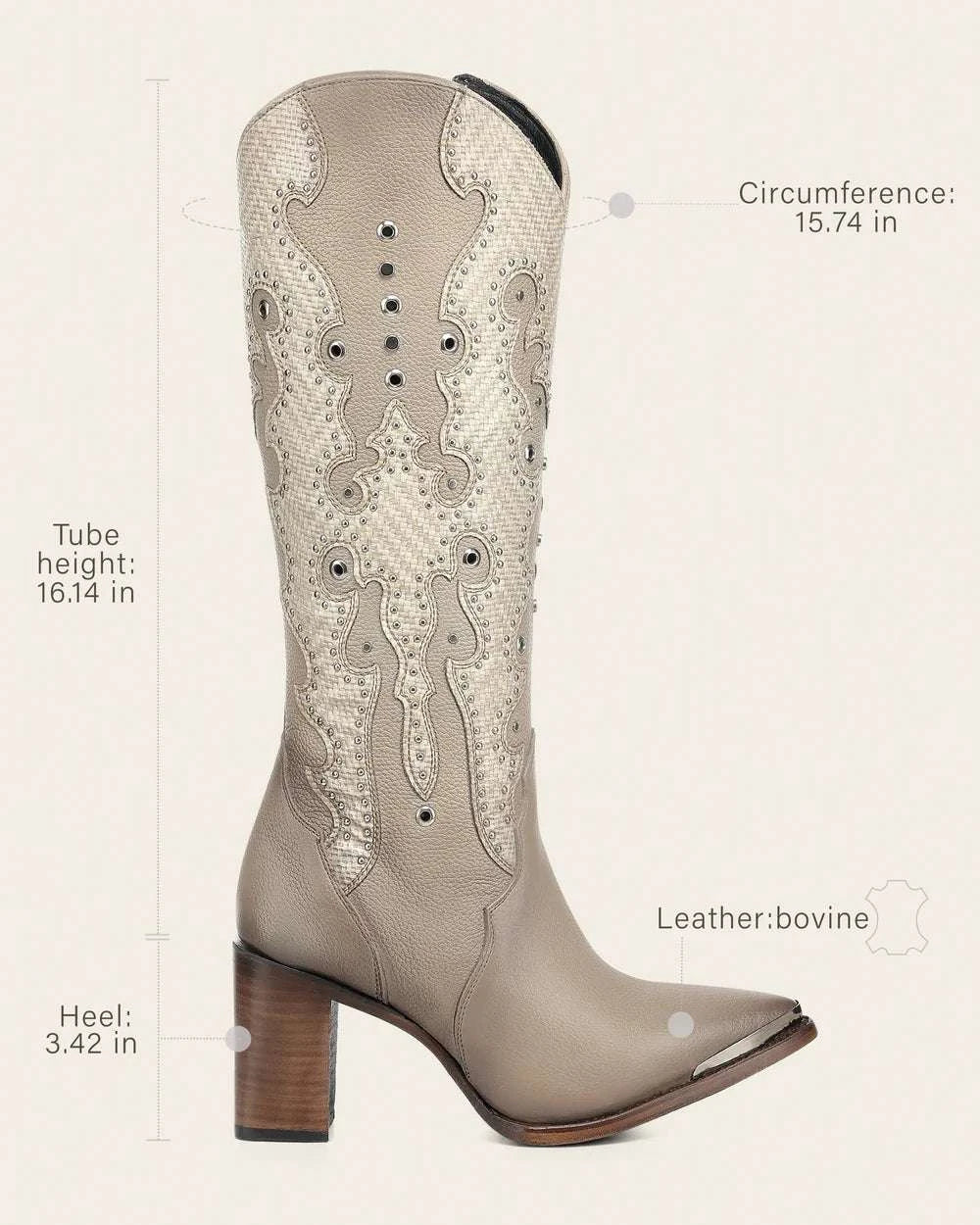 WOMEN’S CUADRA TALL BOOT RES BEIGE EMBROIDERY Y STUDS Y ZIPPER POINTED TOE CC280 Laherradurawwnc.com