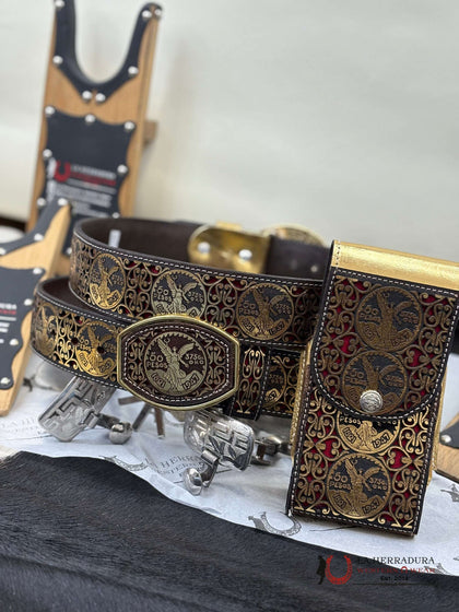 GOLD/BROWN 50 PESOS 2 INC BELT GOLD/RED