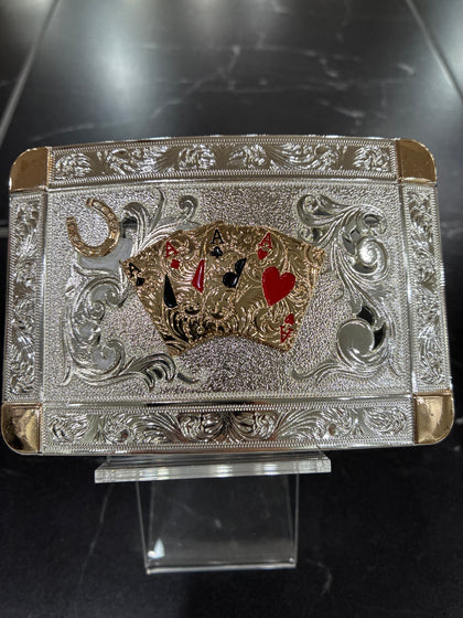 SILVER RECTANGLE BUCKLE W/ GOLD ACES & HORSE SHOE
