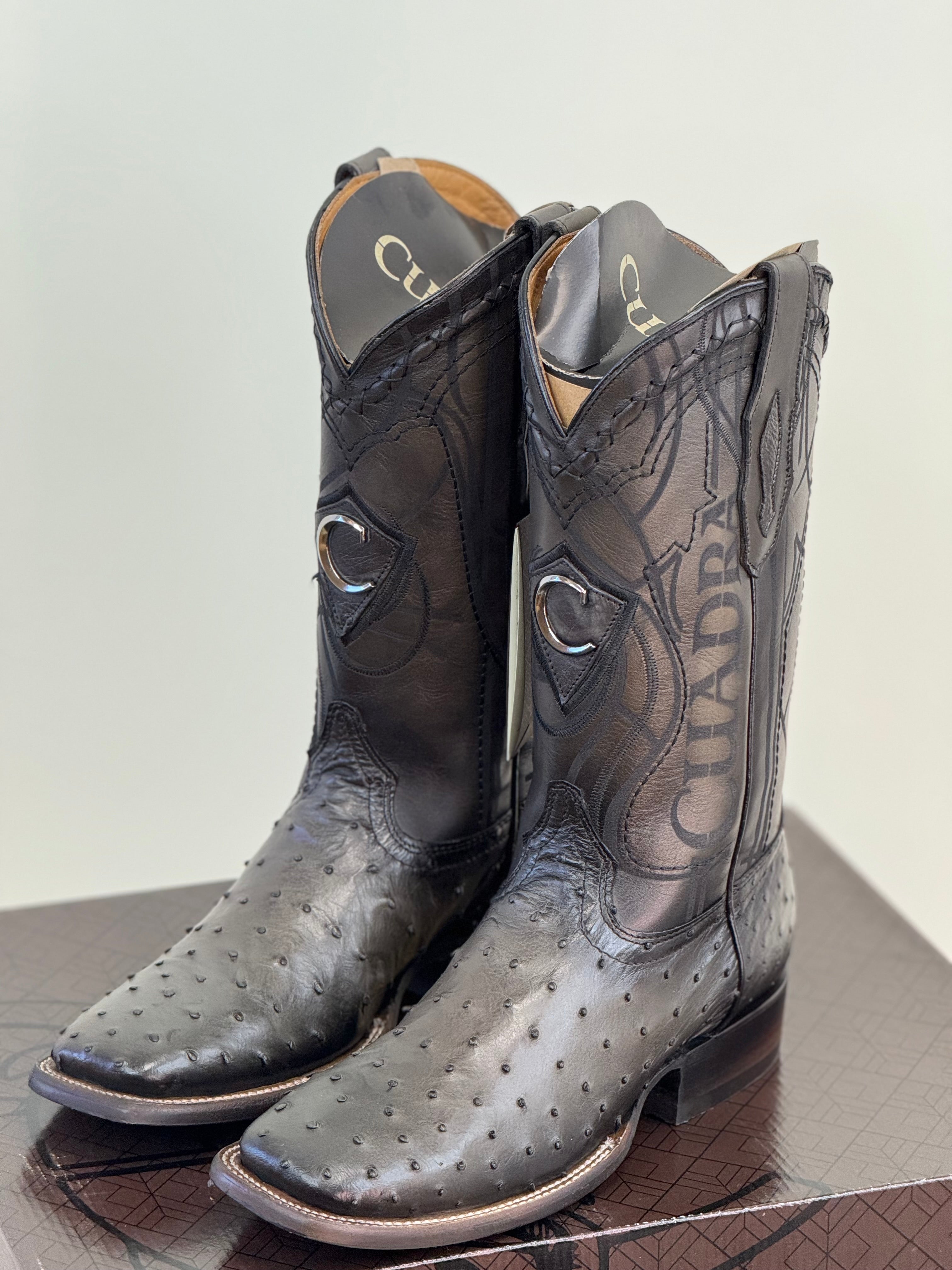 CUADRA BOOTS OSTRICH GREY LASER & EMBROIDERY SQUARE TOE