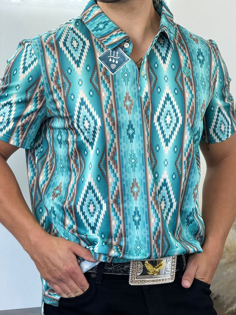 ROCK&ROLL TURQUOISE BROWN PRINTED AZTEC POLO SHORT SLEEVE SHIRT 4450