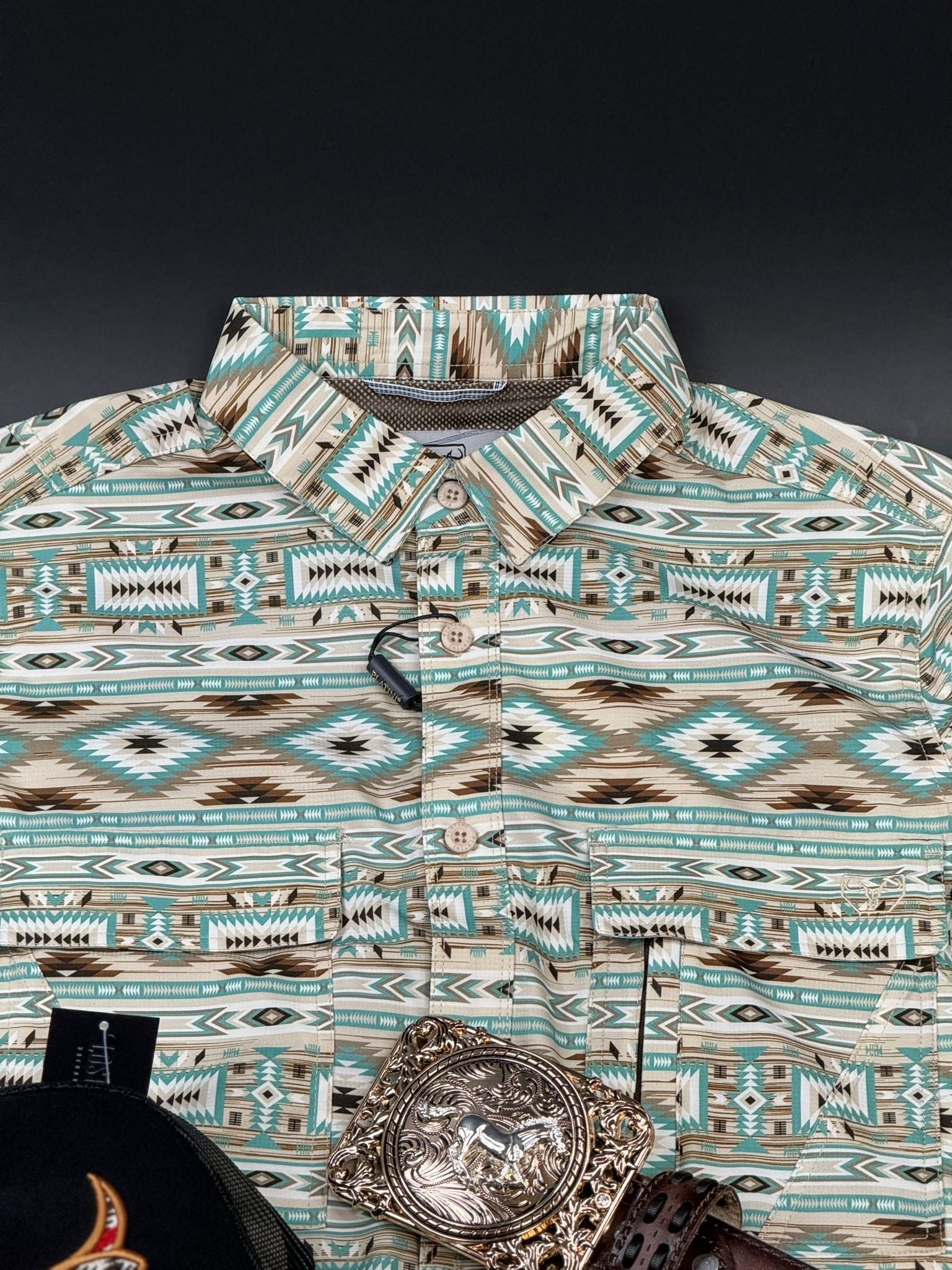 PLATINI BEIGE TEAL AZTEC SHORT SLEEVE SHIRT