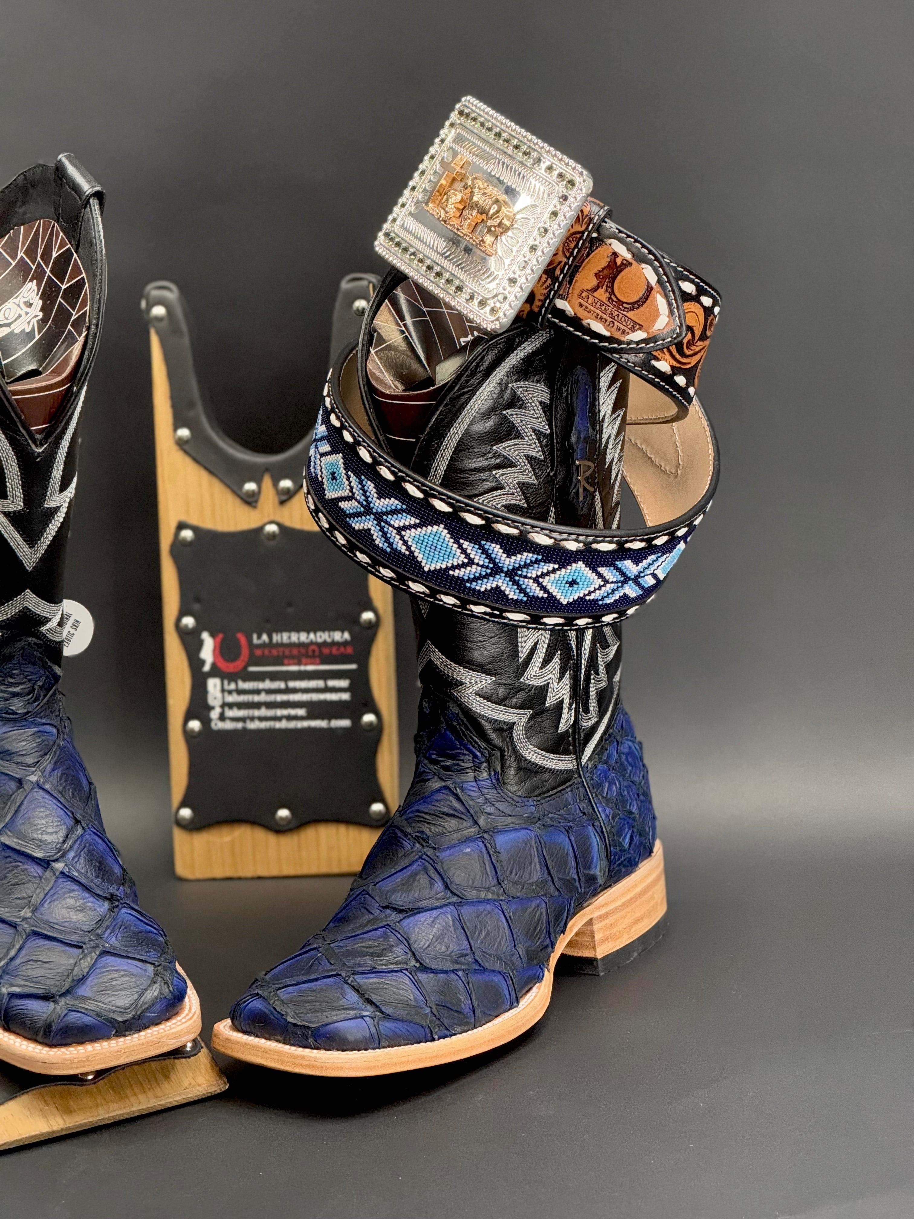 HERRADURA EXOTIC CAMEL BLACK ELECTRIC BLUE SOLAR FISH BOOTS