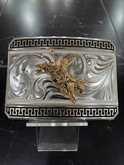 SILVER RECTANGLE BUCKLE W/ GOLD BULL RIDER & BLACK TRIM