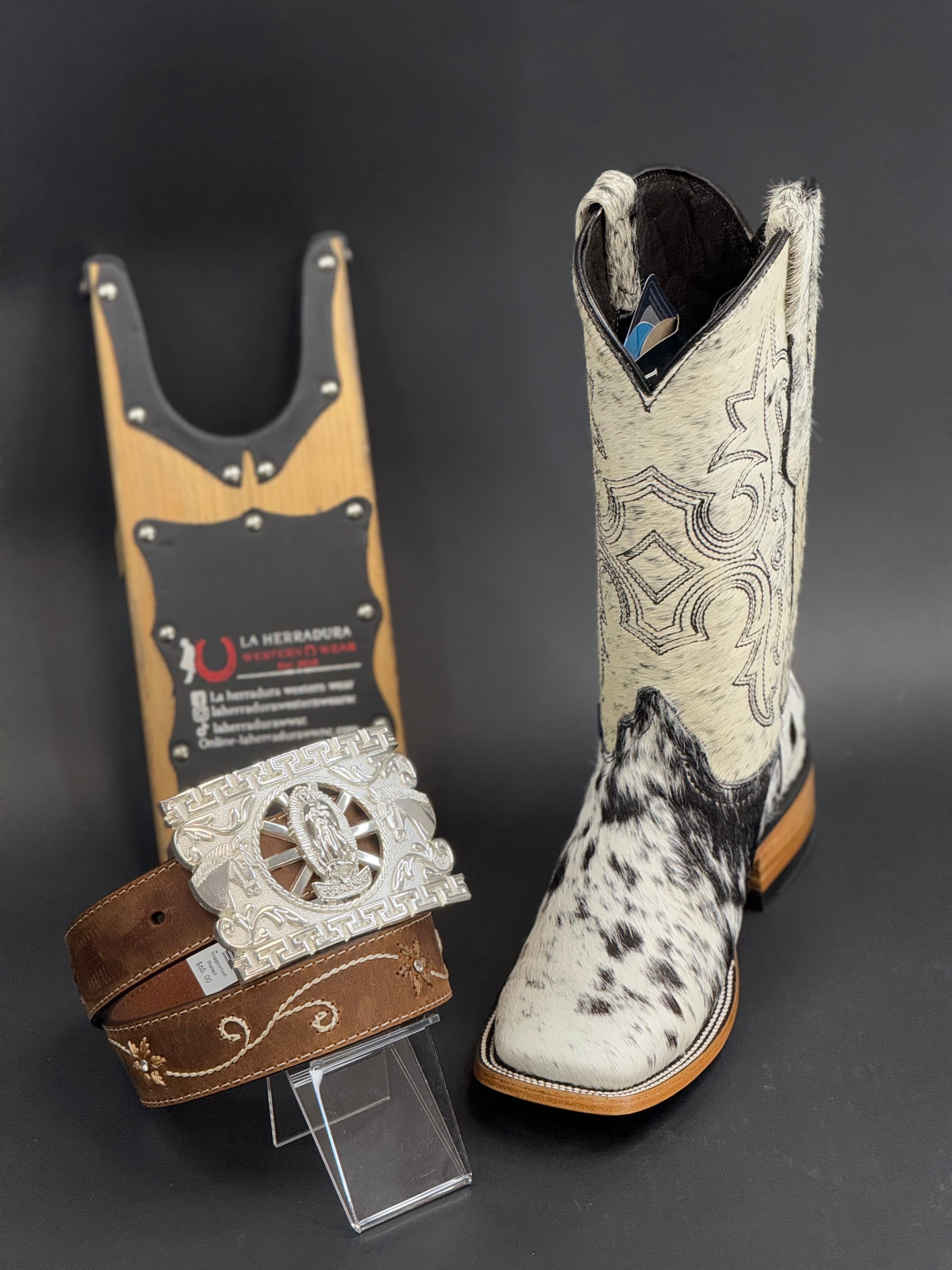 WOMENS KATHERINE BLACK & WHITE COWHIDE TOP BOOT (EVERY PAIR IS UNIQUE)