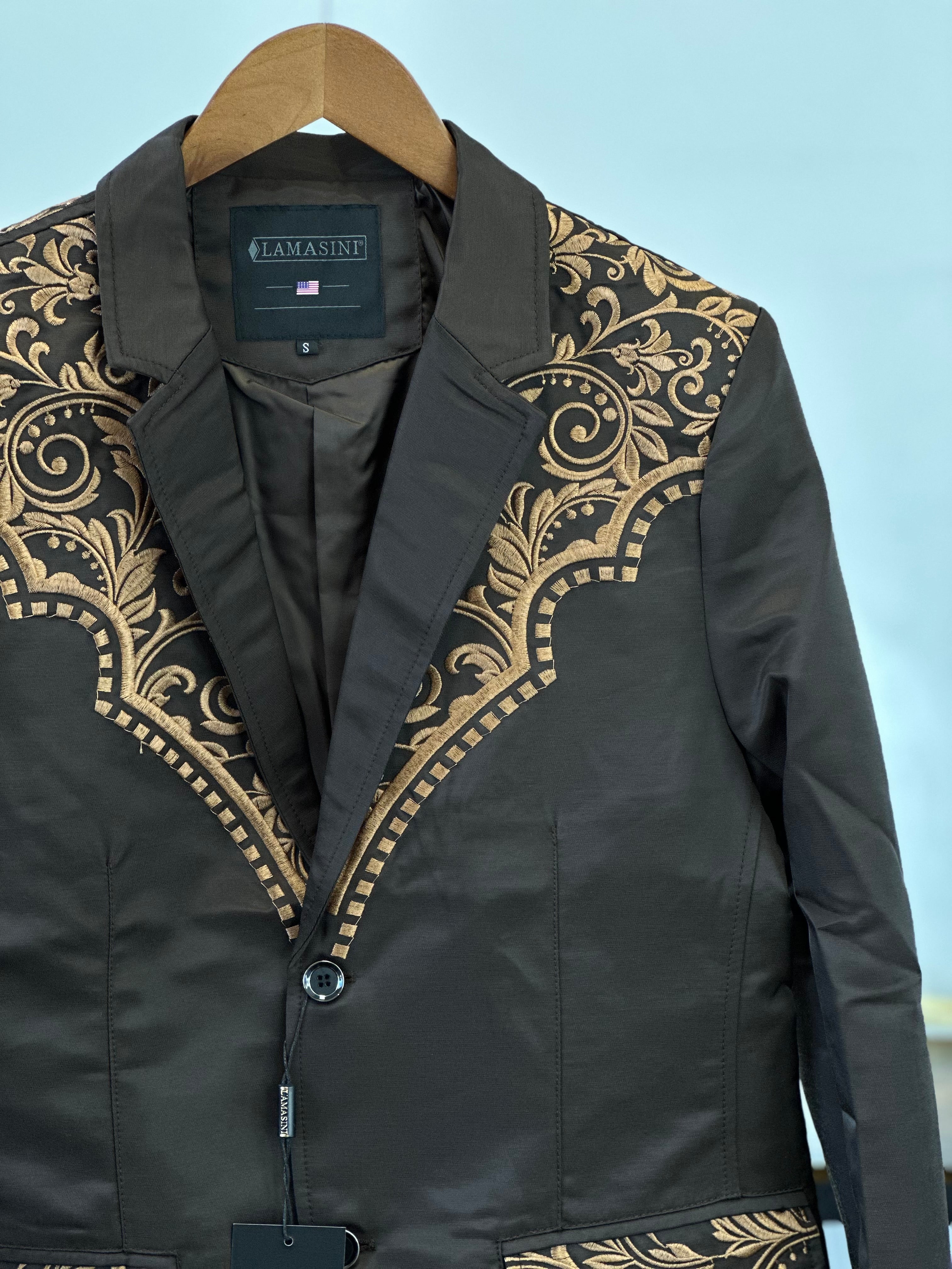 LAMASINI BROWN TAN EMBROIDERED BLAZER 2848