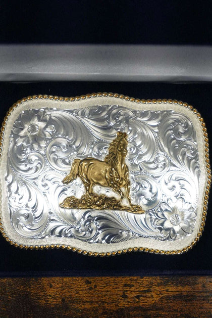 MONTANA SILVERSMITH BOLD ENGRAVED SCALLOPED HORSE GALLOPING BUCKLE