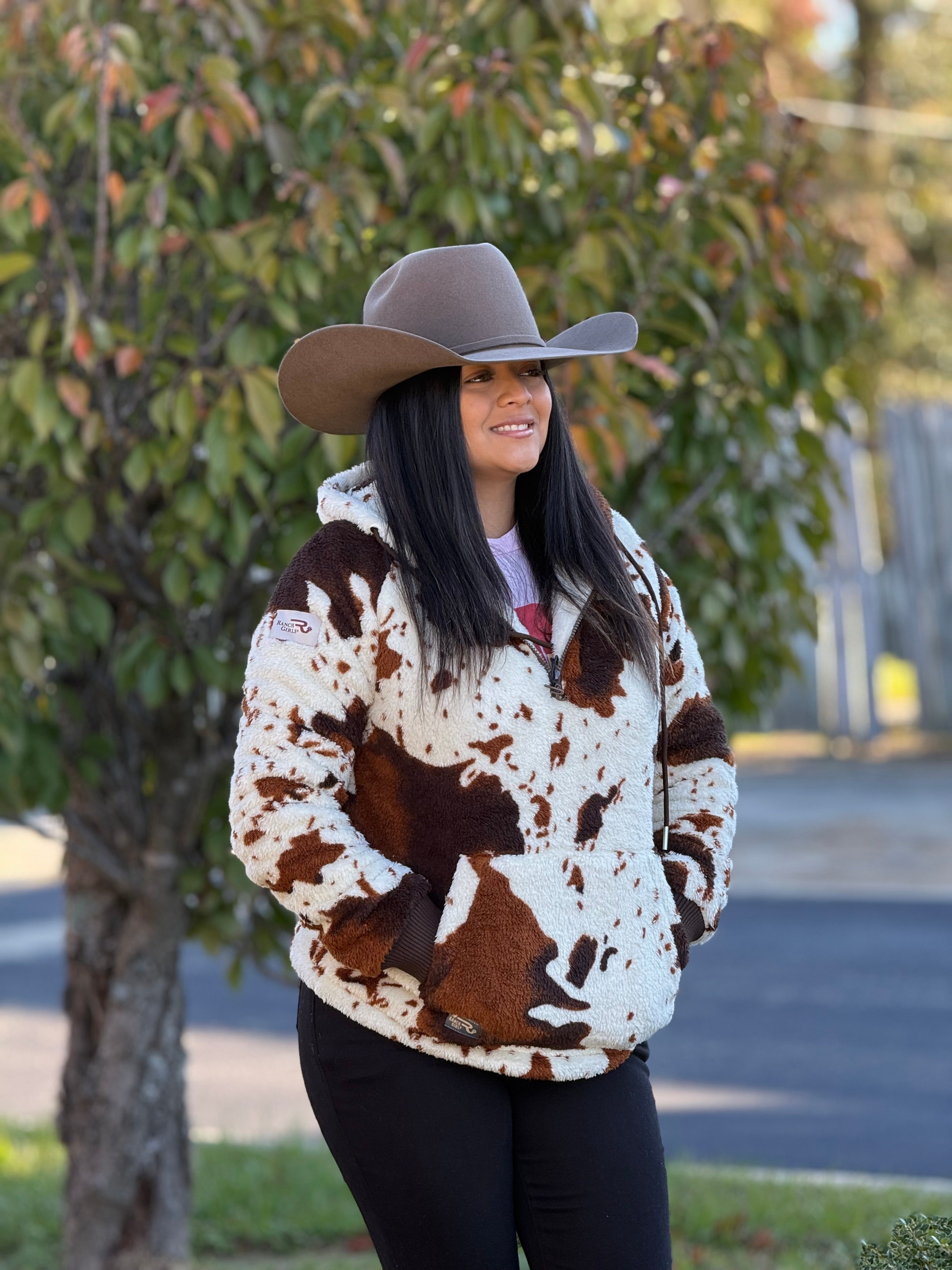 RANCH GIRL COW PATTERN HALF ZIP HOODIE- 6631