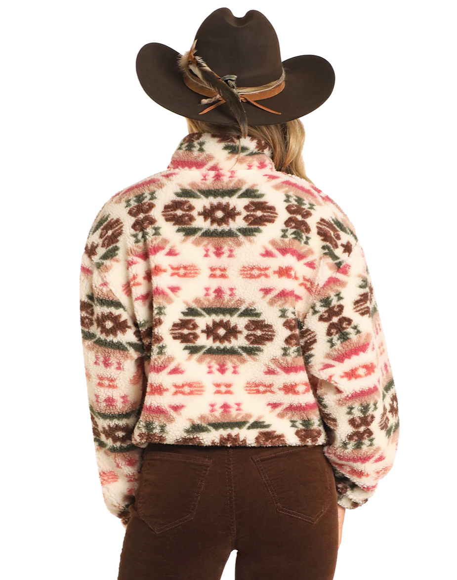 Rock&Roll Womens Cream Aztec Print Sherpa Pullover Pink/Green