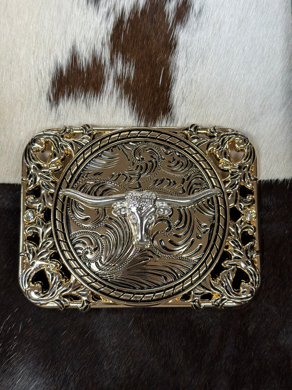 OPEN SQUARE DETAIL BULL ALL GOLD BUCKLE