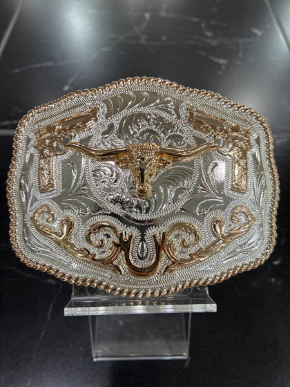 SILVER & GOLD LONGHORN AND PISTOL DESIGN BUCKLE
