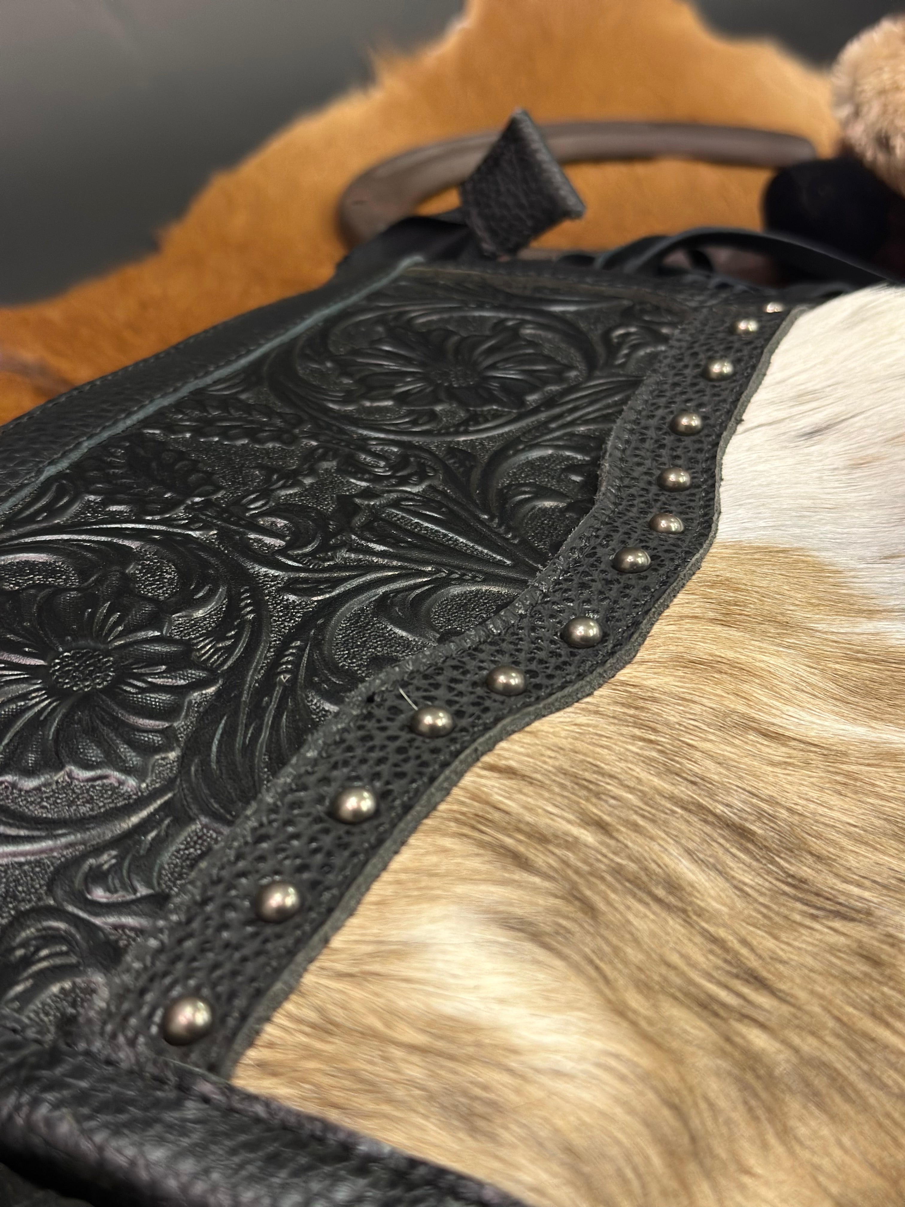 CROSSBODY BAG BLACK HAND TOOLED BLACK & WHITE COWHIDE FRINGE