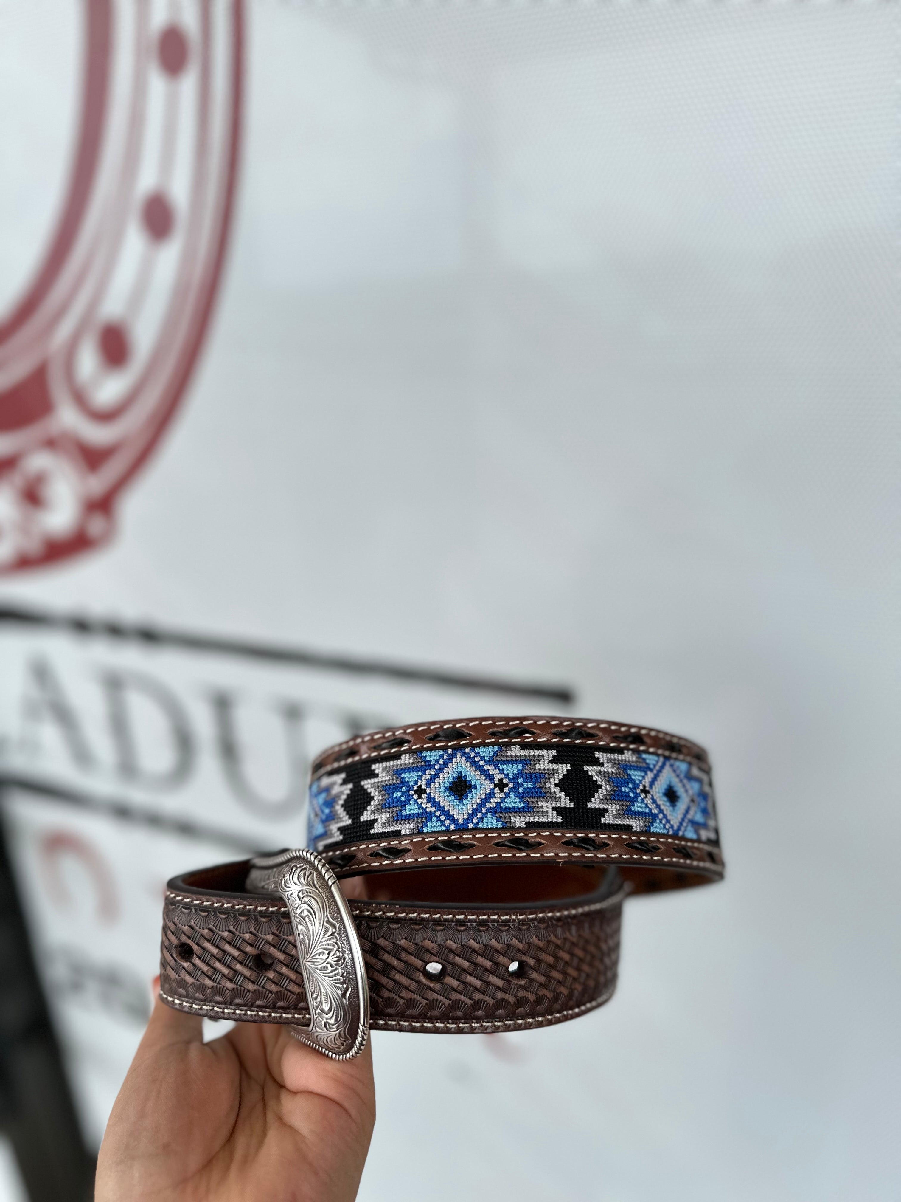 3D THREAD BLUE GREY DARK BROWN BELT