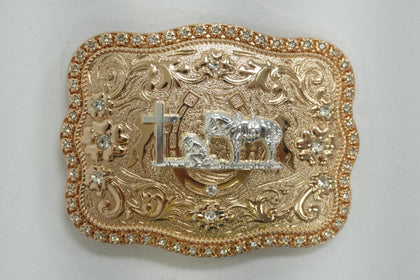 HEBILLA ESQUINERA REDONDA DE VAQUERO ORANDO DE ORO Y PLATA CON DIAMANTES BLANCOS