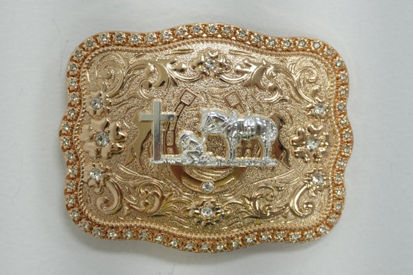 HEBILLA ESQUINERA REDONDA DE VAQUERO ORANDO DE ORO Y PLATA CON DIAMANTES BLANCOS
