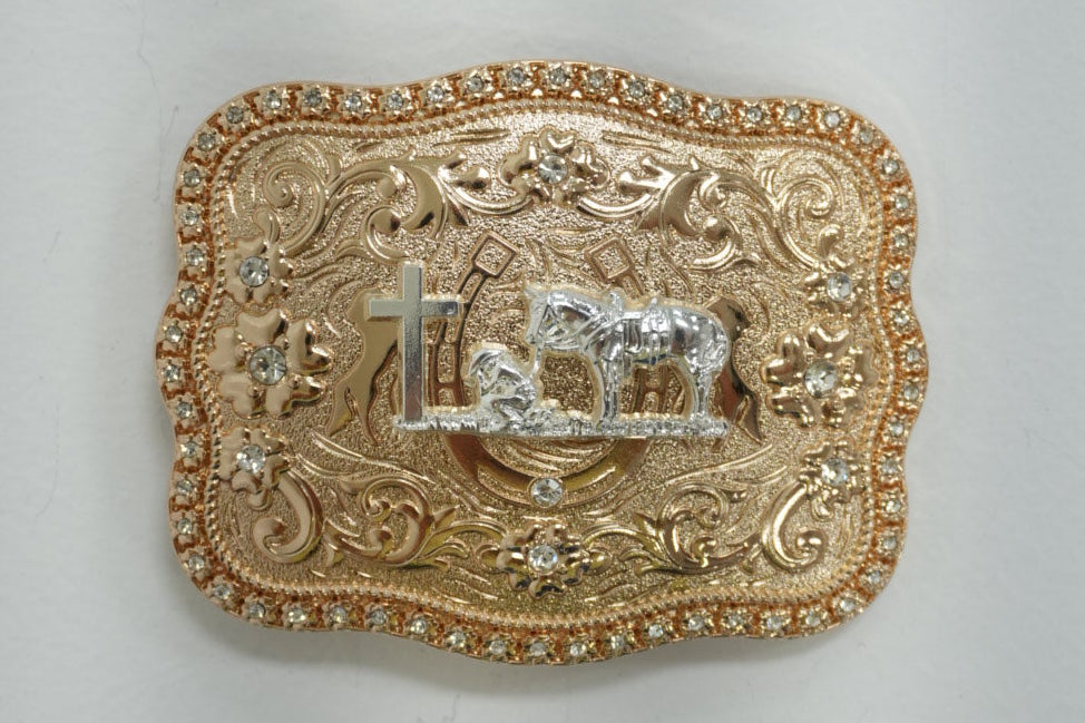 SILVER & GOLD PRAYING COWBOY WITH WHITE DIAMONDS ROUND CORNER BUCKLE