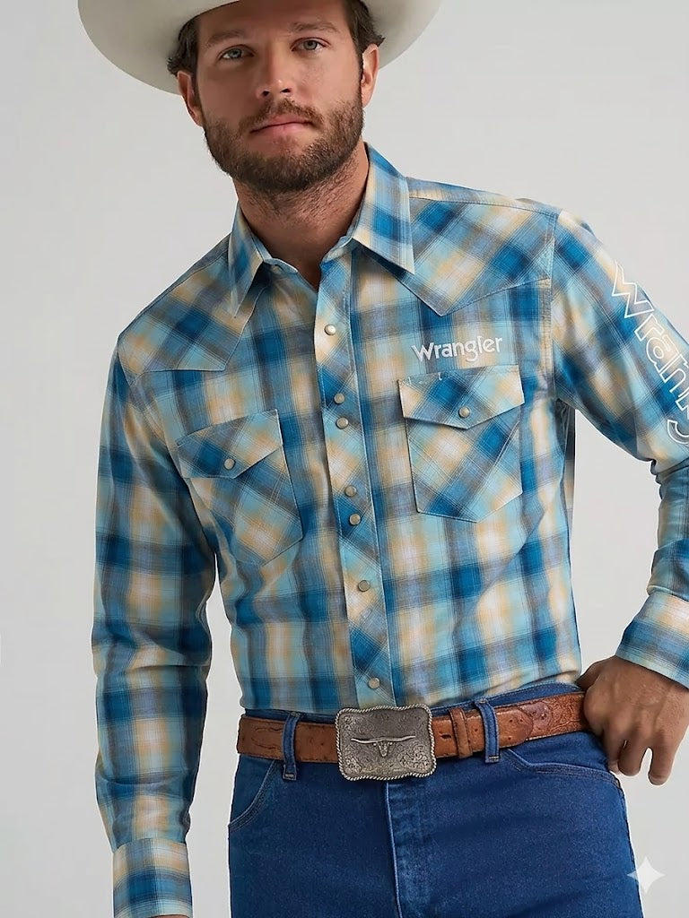 MEN WRANGLER BLUE/ORANGE STRIPED BUTTON UP SHIRT- 112379236