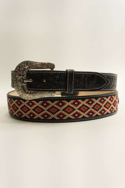 LA HERRADURA CINTURÓN AZTECA ROMBO NEGRO ROJO DISEÑO NUEVO