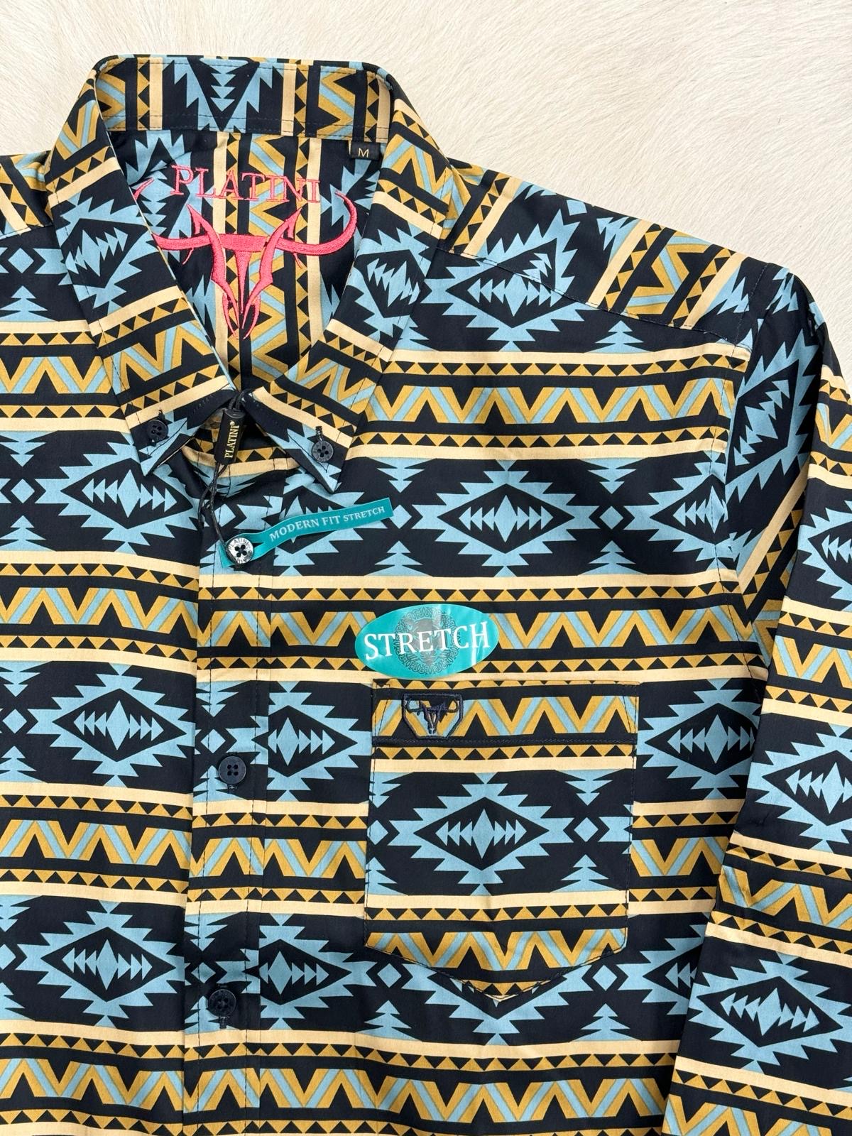 PLATINI BLACK TEAL AZTEC PRINT LONG SLEEVE