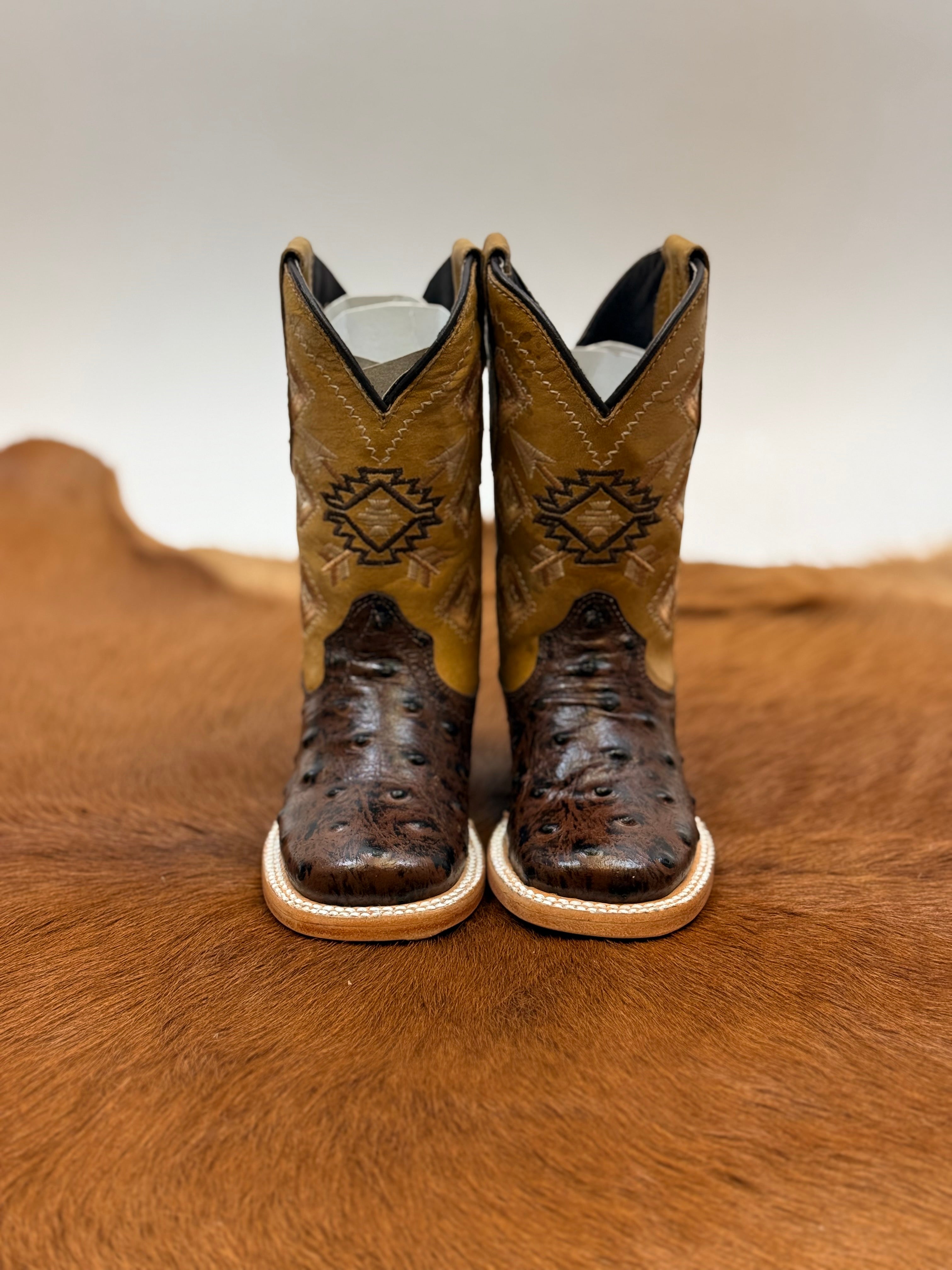 ROCKEM KIDS BROWN TUBE YELLOW PRO-RODEO OSTRICH SQ. TOE