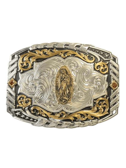 MONTANA SILVERSMITH HEBILLA DE RODILLO DE CUERO BICOLOR VIRGEN DE GUADALUPE