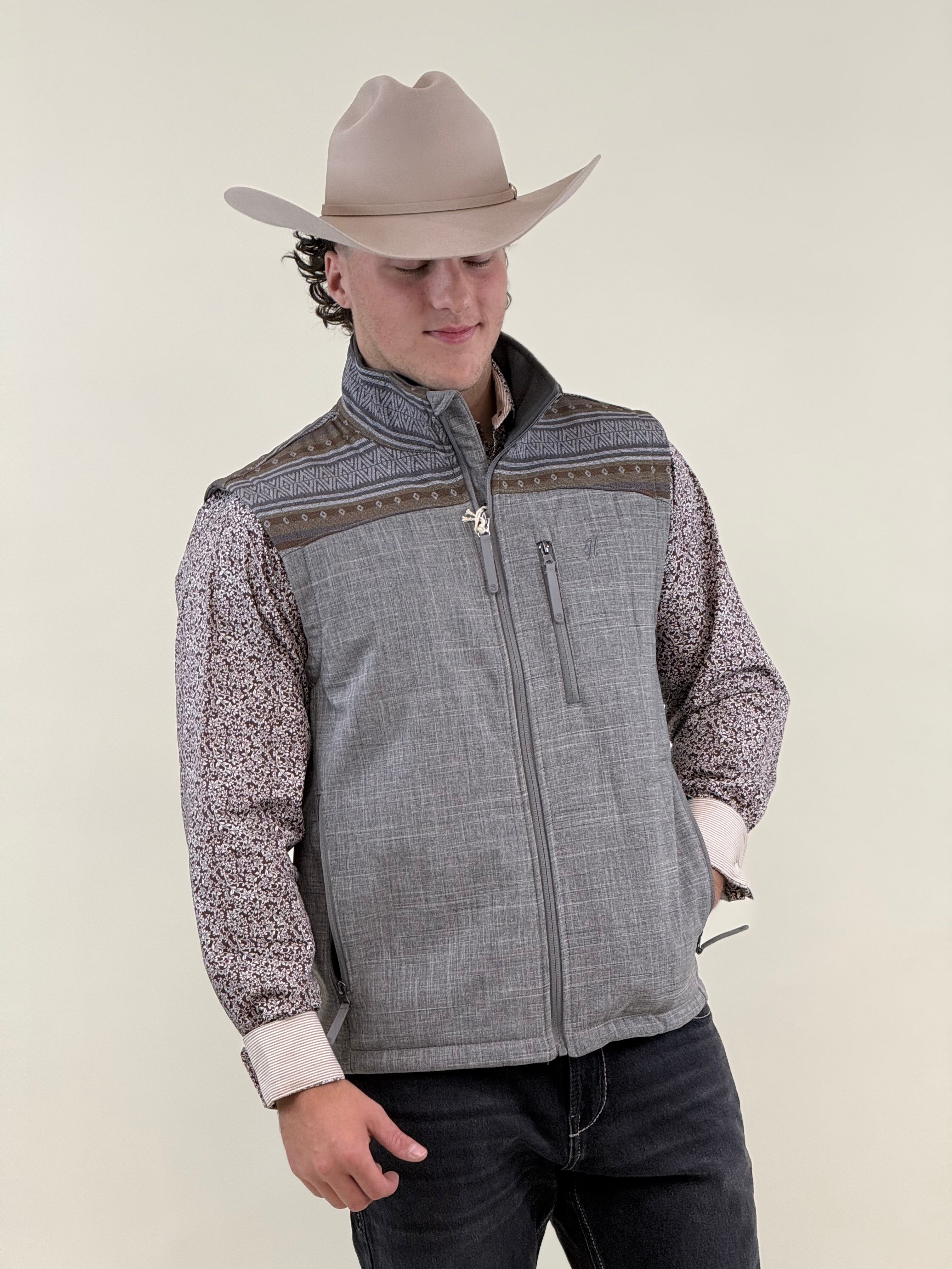 HOOEY MENS SOFTSHELL VEST GREY W/ BROWN & TAN AZTEC