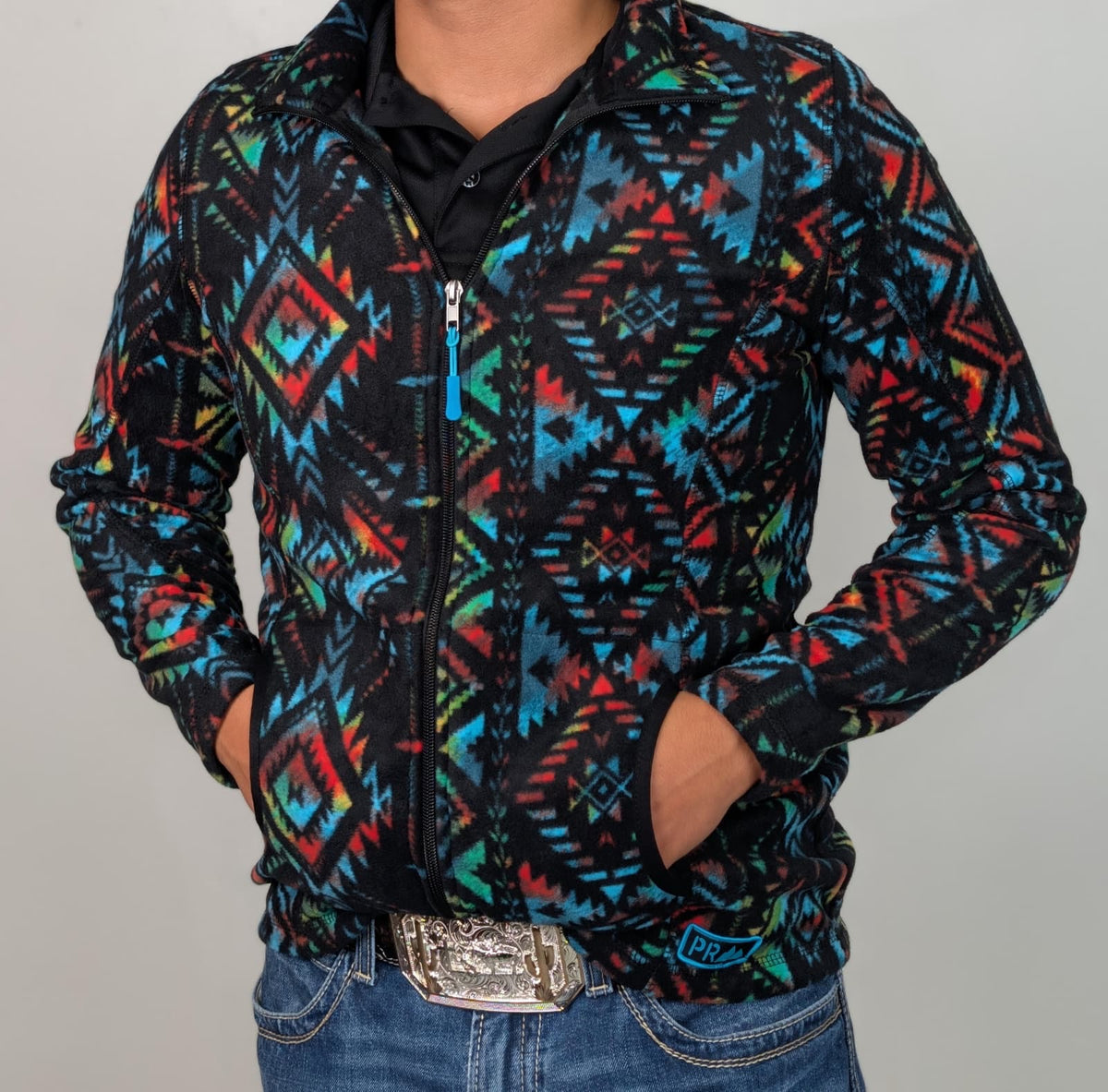 ROCK & ROLL MEN AZTEC BLACK PRINTED ZIPPUP FLEECE JACKET PRM092RZXZ