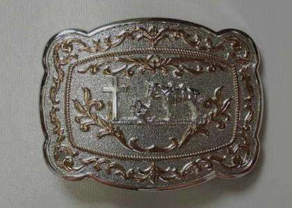 SILVER & GOLD PRAYING COWBOY ROUND BUCKLE