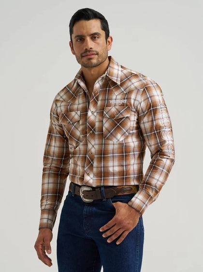 MEN'S BROWN CHECKERED LONG SLEEVE WRANGLER SHIRT WITH LETTERS ON THE SLEEVE  112381988