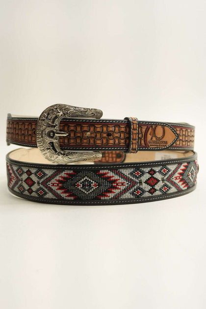 LA HERRADURA CINTURÓN TEJIDO FINO COLOR TAN ROJO/GRIS AZTECA NUEVO DISEÑO