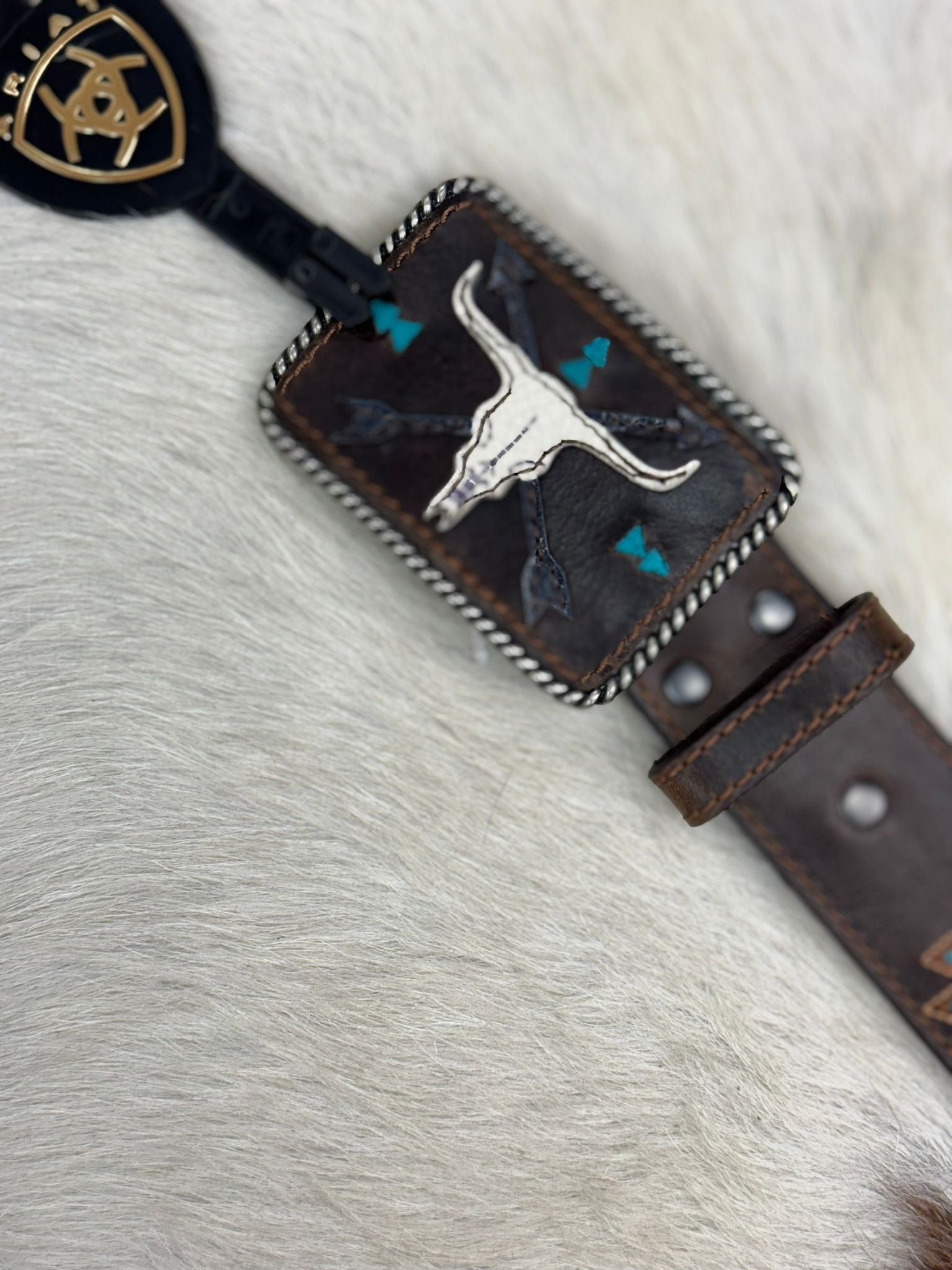 ARIAT BELT DARK BROWN AZTEC TURQUOISE LONGHORN BUCKLE