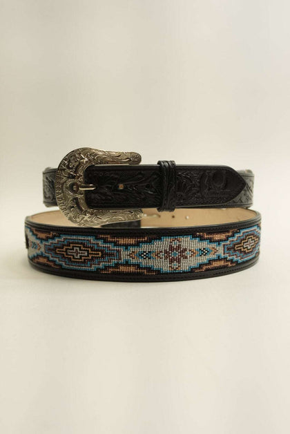 Cinturón LA HERRADURA AZTECA NEGRO/AZUL CON BLANCO DISEÑO NUEVO