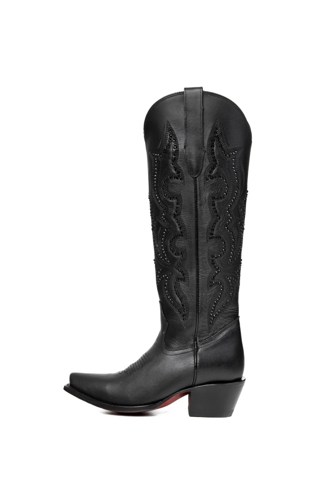 ROCKEM MARBELLA TALL GLAZE BLACK SNIP TOE RED BOTTOM