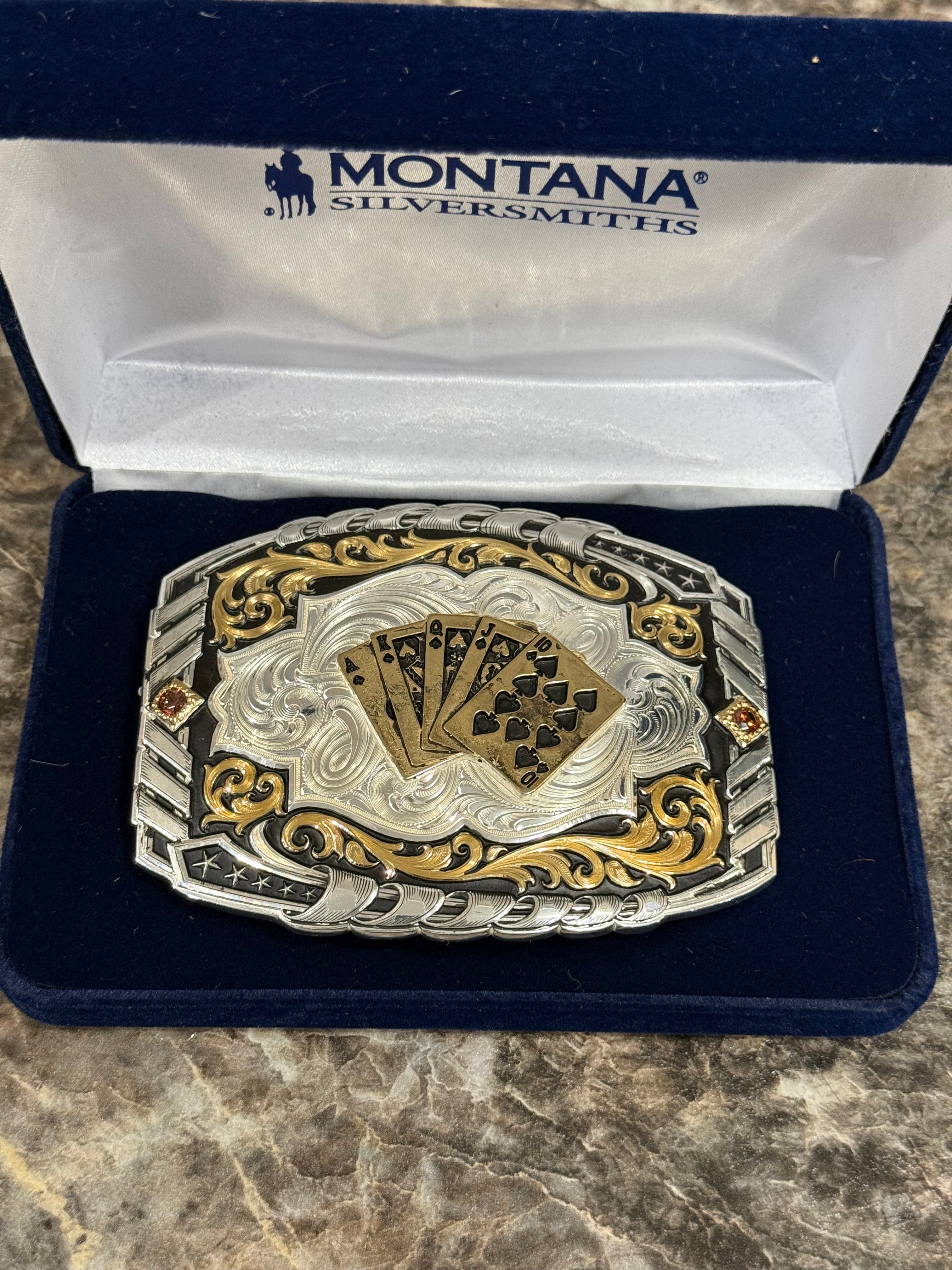 MONTANA SILVERSMITHS 5 CARTAS NEGRO SQUARE SILVER  BUCKLE