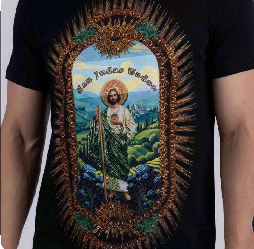 BARABAS MENS BLACK RELAXED FIT PRINTED T-SHIRT WITH EMBELLISHMENT SAN JUDAS TADEO 6TR04
