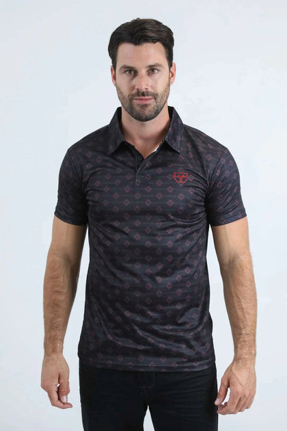 PLATINI MENS MODERN FIT STRETCH FOIL FASHION SHORT SLEEVE SHIRT AZTEC BLACK & RED  PGP11008