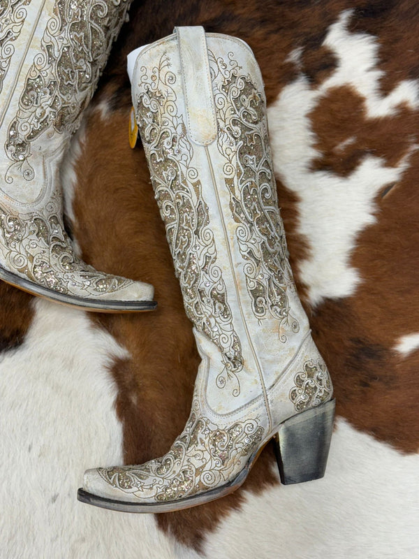 WOMENS CORRAL BEIGE DISTRESSED GLITTER INLAY & EMBROIDERY TALL BOOT