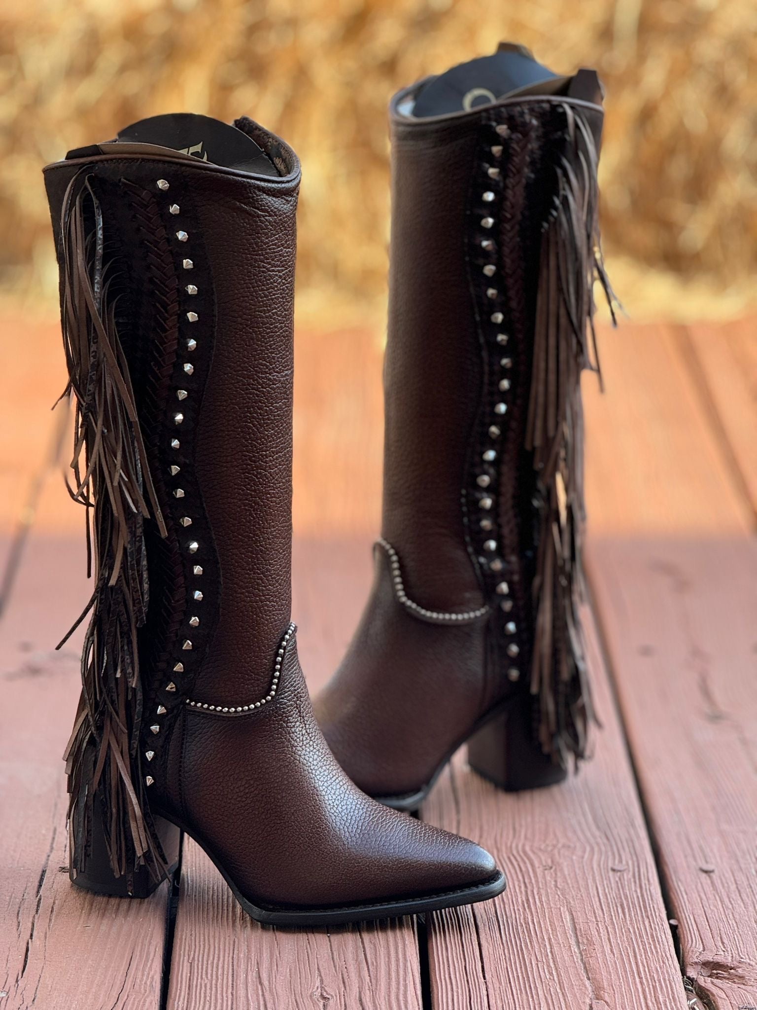CUADRA WOMENS RES ANGELIA BROWN STUDS & FRINGE TALL BOOT POINTED TOE