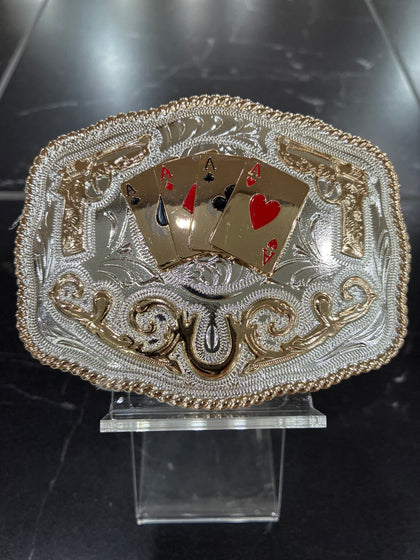 SILVER & GOLD ACES & PISTOLS ROUNDED BUCKLE