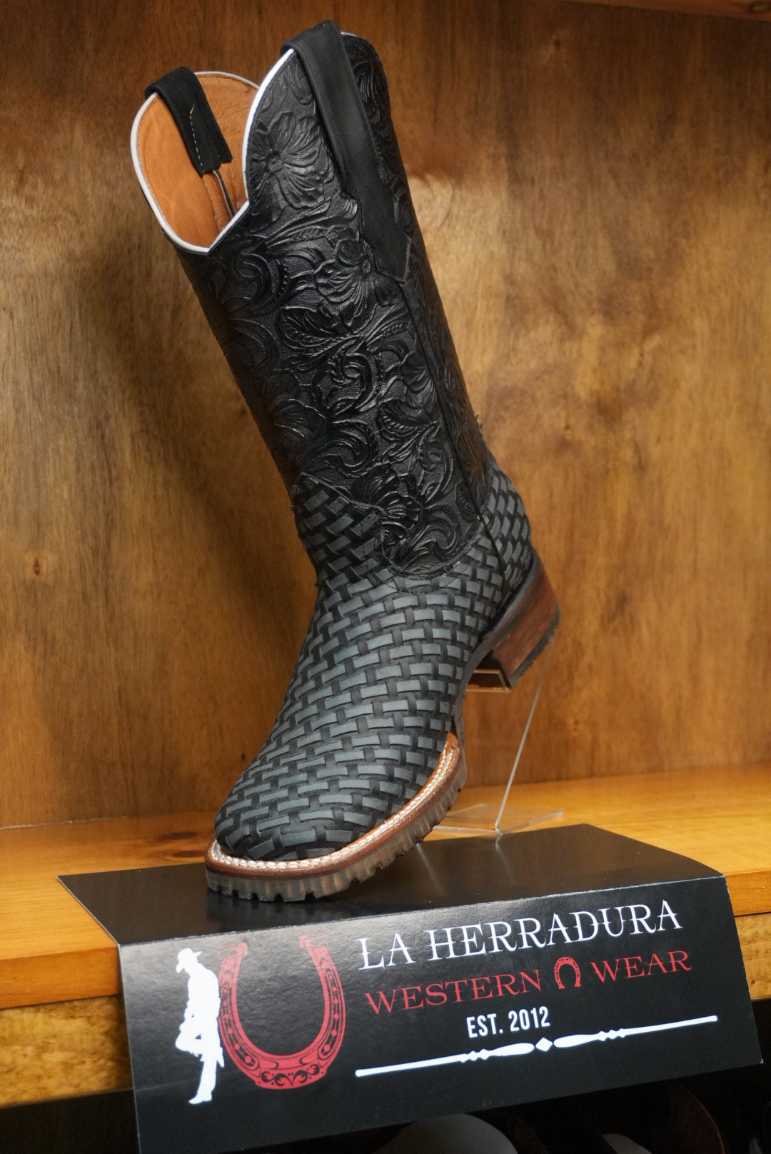 LA HERRADURA/ELLIUT EMBROIDERED GREY-BLACK BOOT SQ. TOE