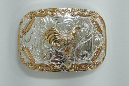 HEBILLA DE GALLO PLATEADA CON DISEÑOS DE COBRE