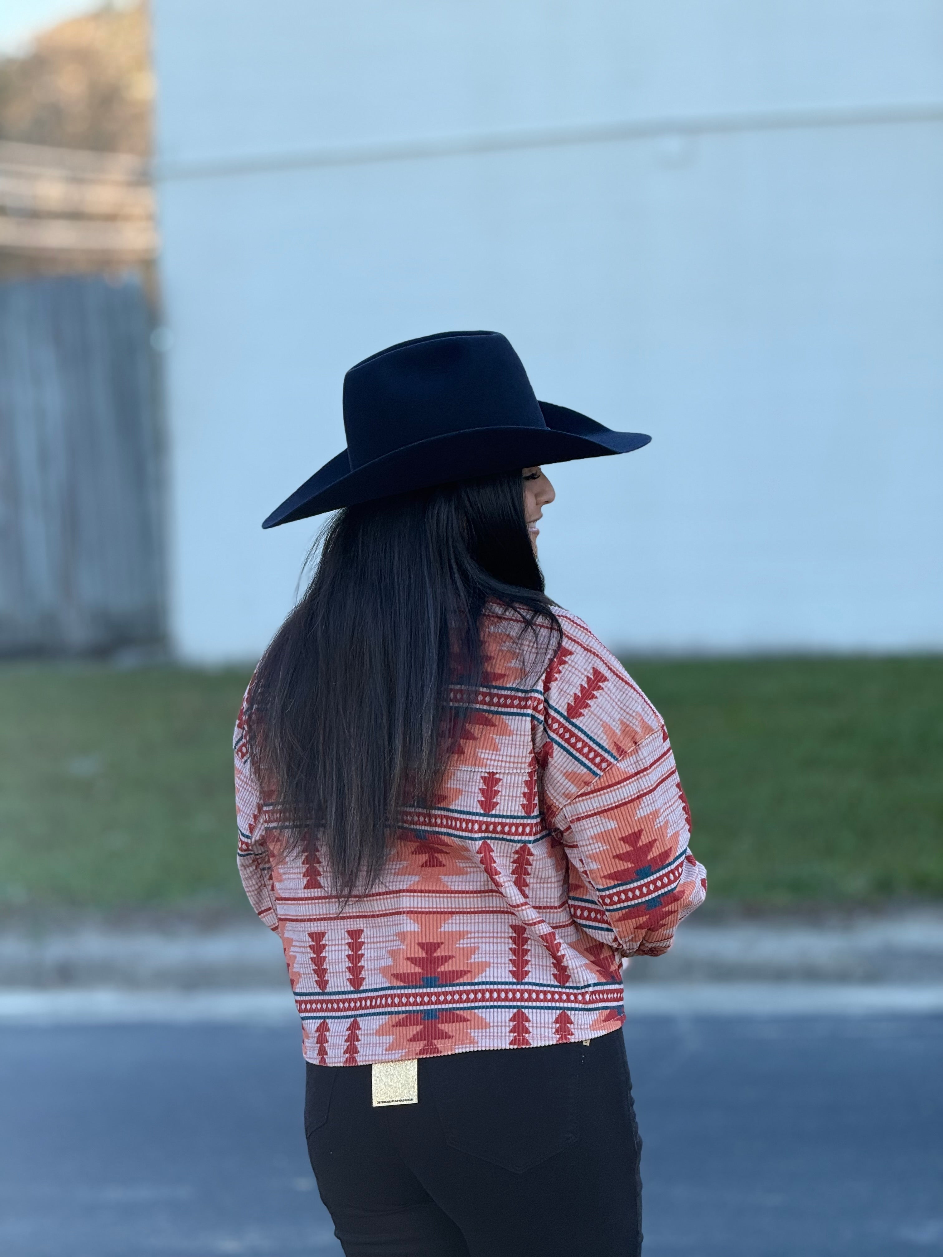 SAVANNA JANE ORANGE AZTEC CROPPED BUTTON UP