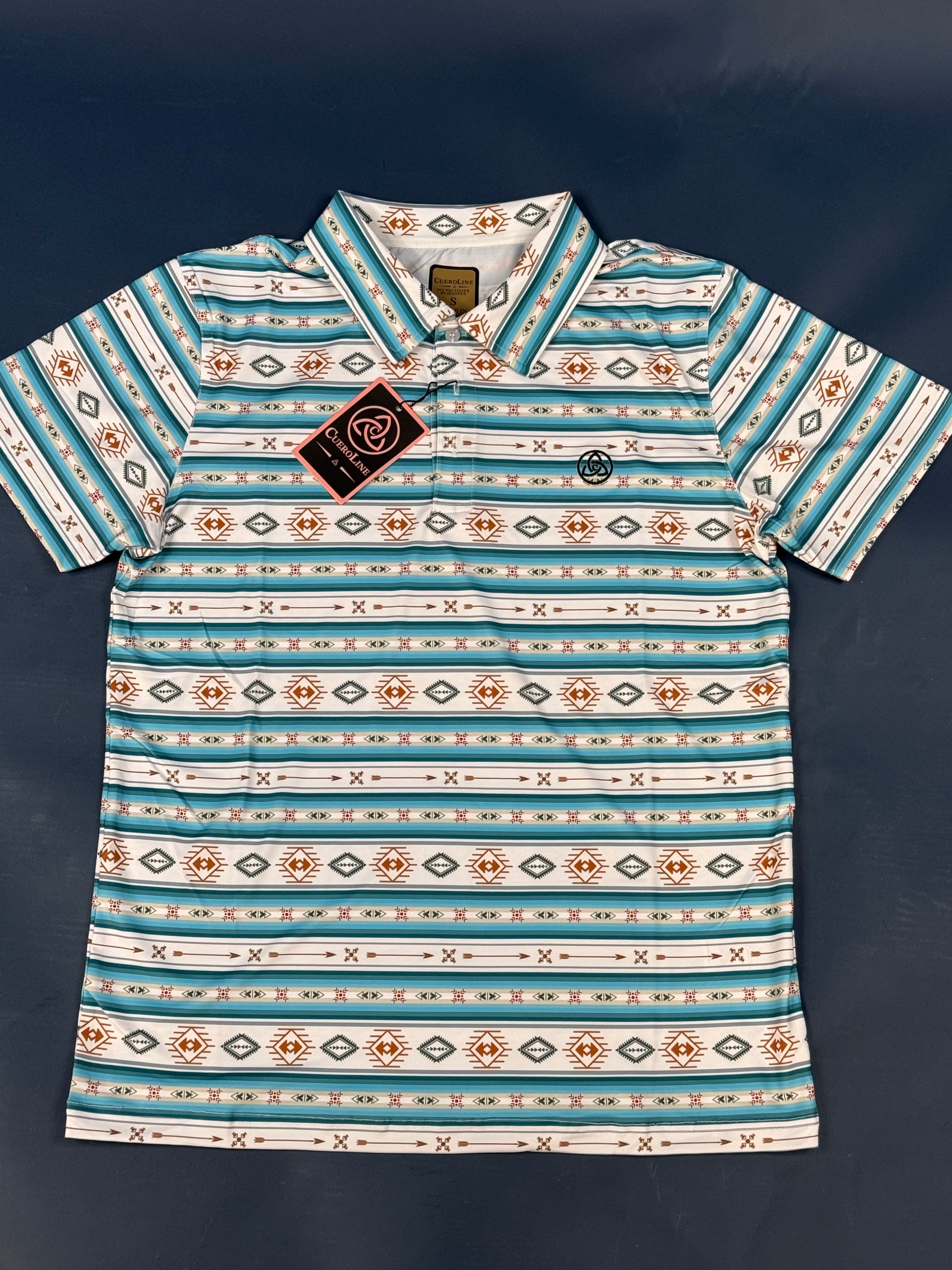 CUERO LINE MEN’S BLUE AND WHITE STRIPED AZTEC POLO