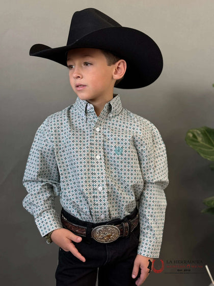 PANHANDLE KIDS LS 1PKT GEO BD TEAL PBB2S02307
