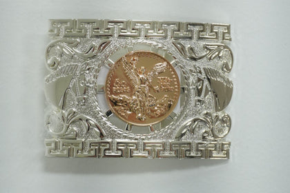 HEBILLA CUADRADA DE CENTENARIO DE ORO Y PLATA