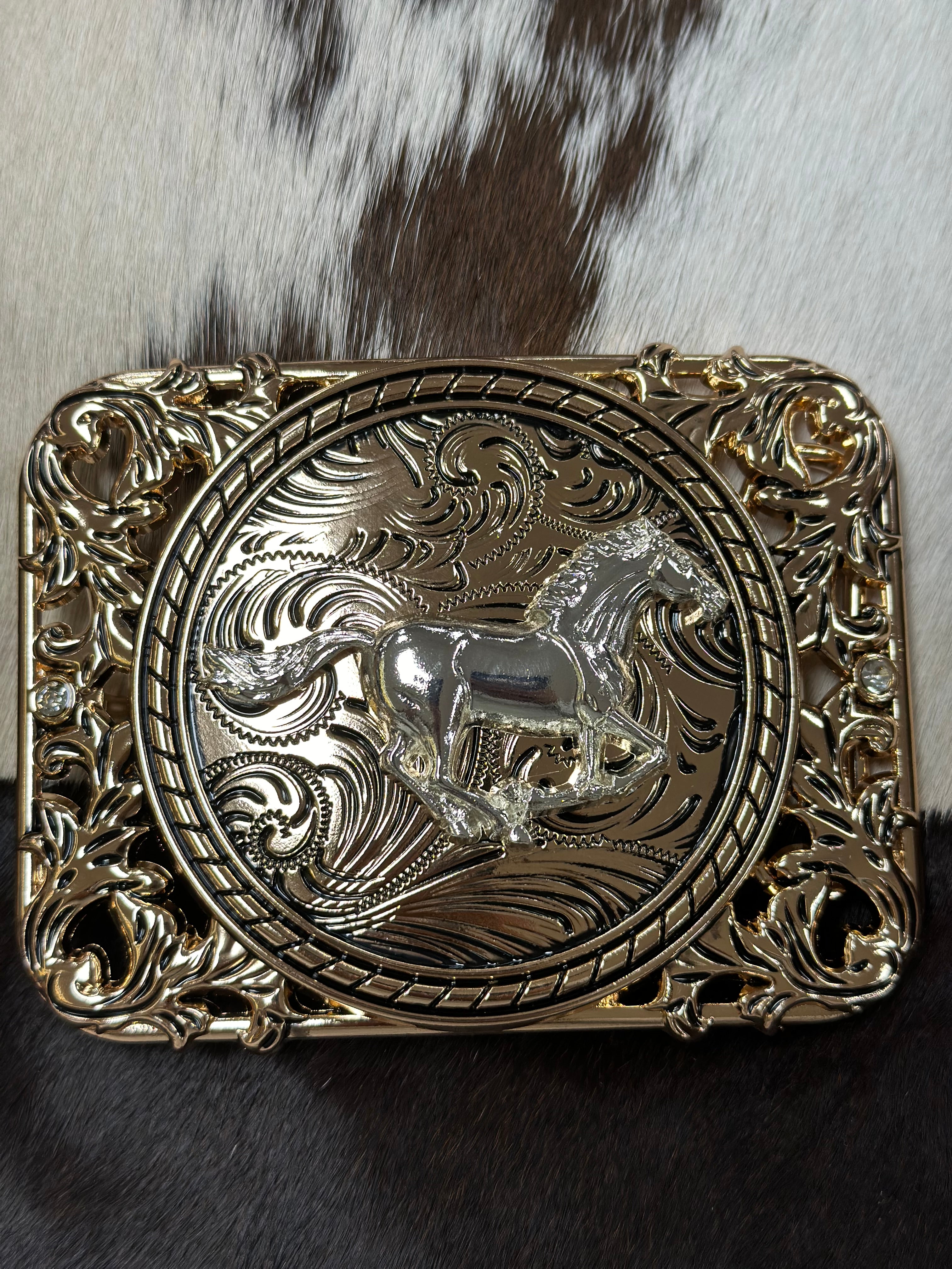 SQUARE OPEN DETAIL RIDING HORSE ALL GOLD BUCKLE