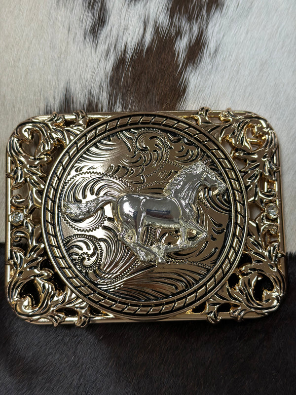 SQUARE OPEN DETAIL RIDING HORSE ALL GOLD BUCKLE