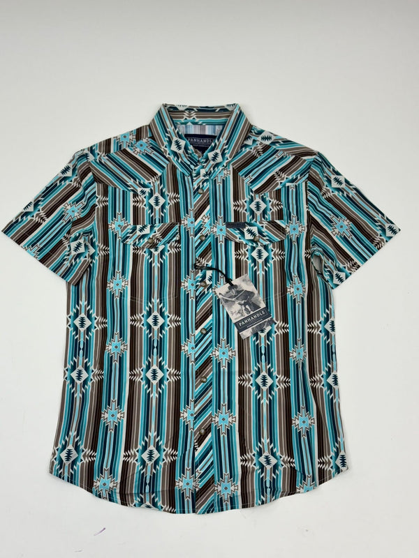 PANHANDLE TURQUOISE BROWN AZTEC WOVEN SNAP SHORT SLEEVE